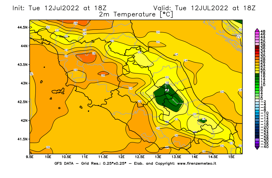 GFS analysi map - Temperature at 2 m above ground [°C] in Central Italy
									on 12/07/2022 18 <!--googleoff: index-->UTC<!--googleon: index-->
