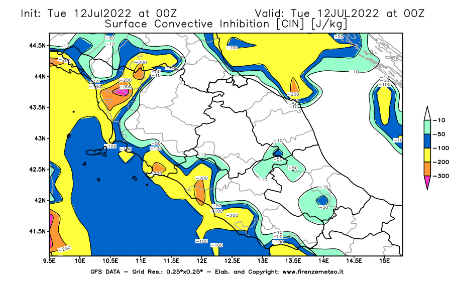 GFS analysi map - CIN [J/kg] in Central Italy
									on 12/07/2022 00 <!--googleoff: index-->UTC<!--googleon: index-->