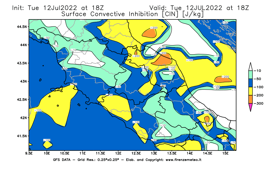 GFS analysi map - CIN [J/kg] in Central Italy
									on 12/07/2022 18 <!--googleoff: index-->UTC<!--googleon: index-->
