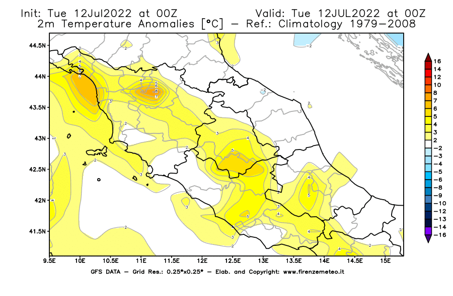 GFS analysi map - Temperature Anomalies [°C] at 2 m in Central Italy
									on 12/07/2022 00 <!--googleoff: index-->UTC<!--googleon: index-->