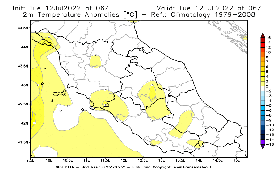 GFS analysi map - Temperature Anomalies [°C] at 2 m in Central Italy
									on 12/07/2022 06 <!--googleoff: index-->UTC<!--googleon: index-->
