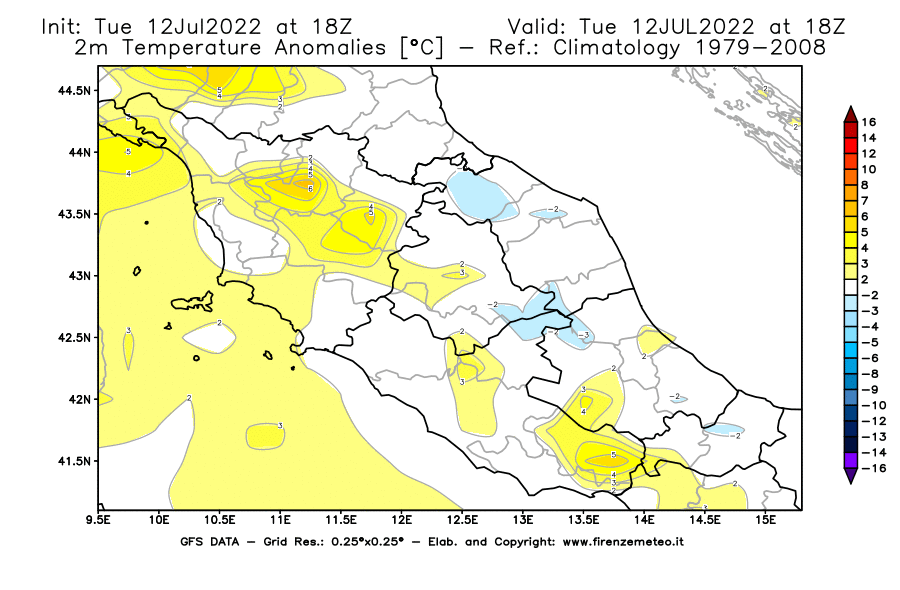 GFS analysi map - Temperature Anomalies [°C] at 2 m in Central Italy
									on 12/07/2022 18 <!--googleoff: index-->UTC<!--googleon: index-->