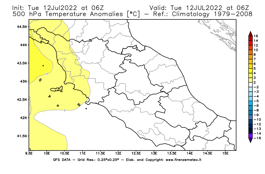 GFS analysi map - Temperature Anomalies [°C] at 500 hPa in Central Italy
									on 12/07/2022 06 <!--googleoff: index-->UTC<!--googleon: index-->