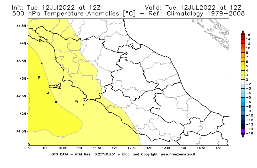 GFS analysi map - Temperature Anomalies [°C] at 500 hPa in Central Italy
									on 12/07/2022 12 <!--googleoff: index-->UTC<!--googleon: index-->