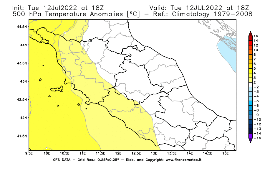 GFS analysi map - Temperature Anomalies [°C] at 500 hPa in Central Italy
									on 12/07/2022 18 <!--googleoff: index-->UTC<!--googleon: index-->