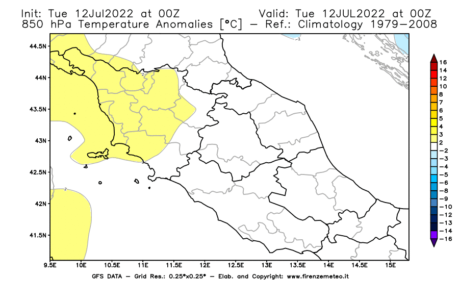 GFS analysi map - Temperature Anomalies [°C] at 850 hPa in Central Italy
									on 12/07/2022 00 <!--googleoff: index-->UTC<!--googleon: index-->