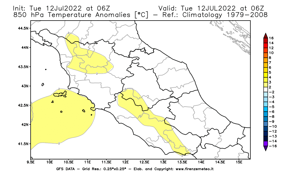 GFS analysi map - Temperature Anomalies [°C] at 850 hPa in Central Italy
									on 12/07/2022 06 <!--googleoff: index-->UTC<!--googleon: index-->