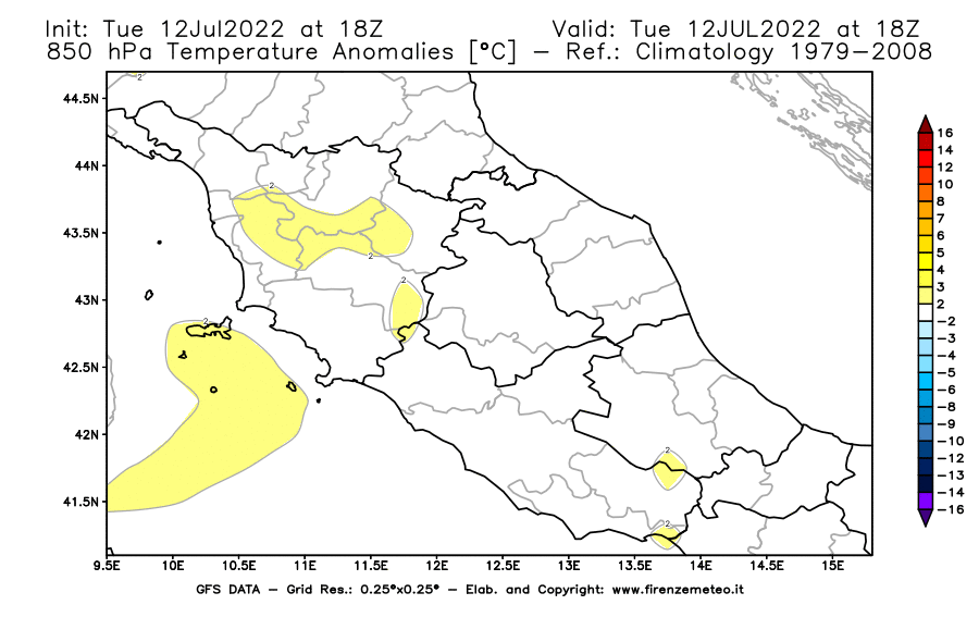 GFS analysi map - Temperature Anomalies [°C] at 850 hPa in Central Italy
									on 12/07/2022 18 <!--googleoff: index-->UTC<!--googleon: index-->
