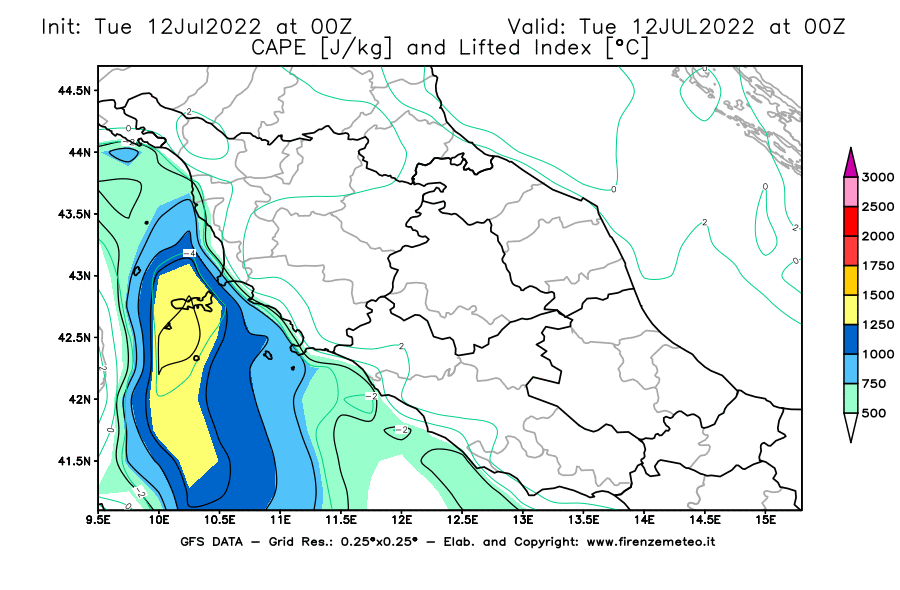 GFS analysi map - CAPE [J/kg] and Lifted Index [°C] in Central Italy
									on 12/07/2022 00 <!--googleoff: index-->UTC<!--googleon: index-->