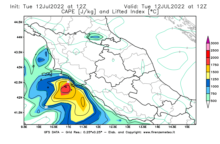 GFS analysi map - CAPE [J/kg] and Lifted Index [°C] in Central Italy
									on 12/07/2022 12 <!--googleoff: index-->UTC<!--googleon: index-->