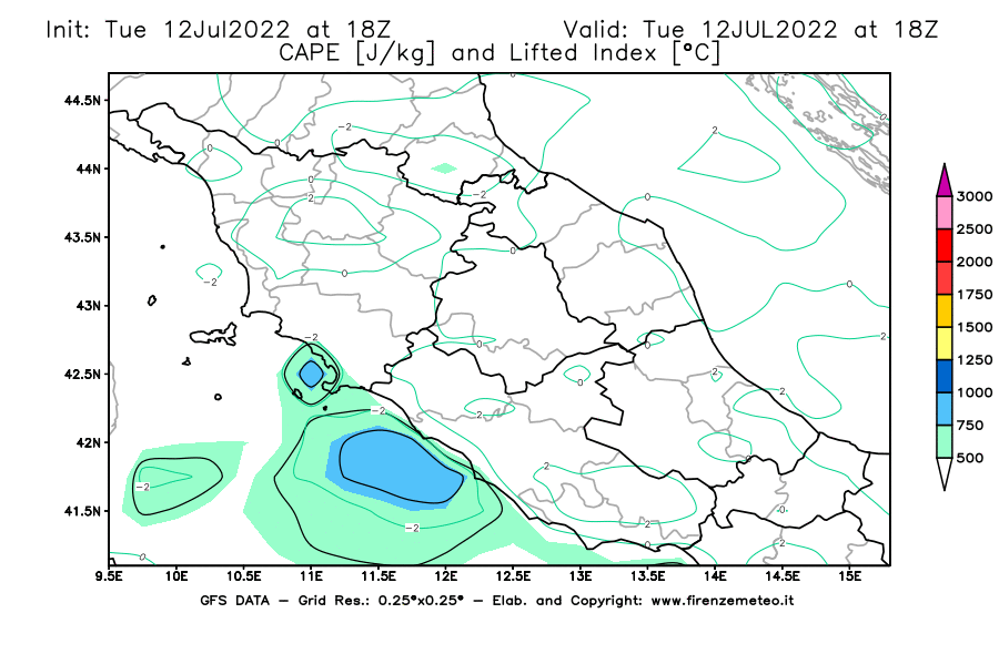GFS analysi map - CAPE [J/kg] and Lifted Index [°C] in Central Italy
									on 12/07/2022 18 <!--googleoff: index-->UTC<!--googleon: index-->