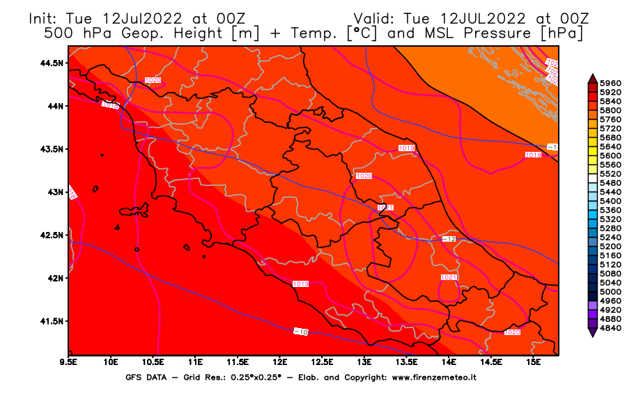 GFS analysi map - Geopotential [m] + Temp. [°C] at 500 hPa + Sea Level Pressure [hPa] in Central Italy
									on 12/07/2022 00 <!--googleoff: index-->UTC<!--googleon: index-->