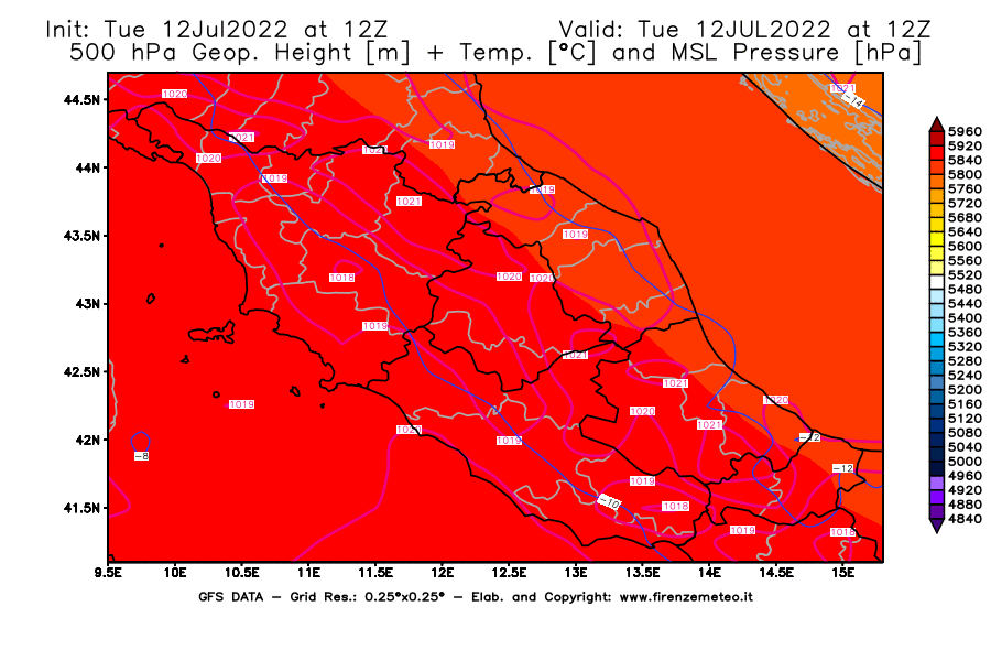 GFS analysi map - Geopotential [m] + Temp. [°C] at 500 hPa + Sea Level Pressure [hPa] in Central Italy
									on 12/07/2022 12 <!--googleoff: index-->UTC<!--googleon: index-->