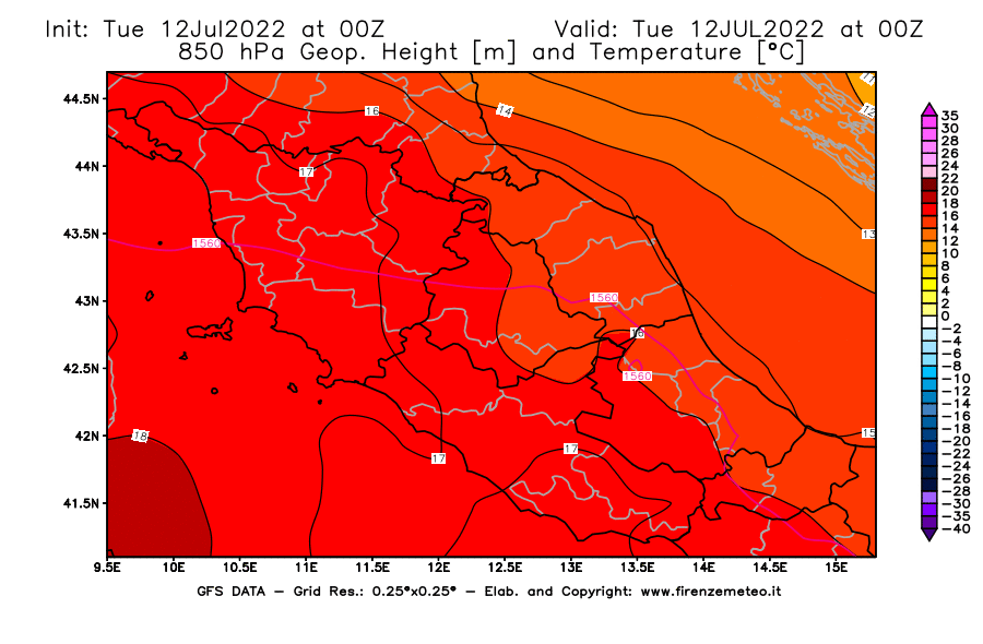 GFS analysi map - Geopotential [m] and Temperature [°C] at 850 hPa in Central Italy
									on 12/07/2022 00 <!--googleoff: index-->UTC<!--googleon: index-->