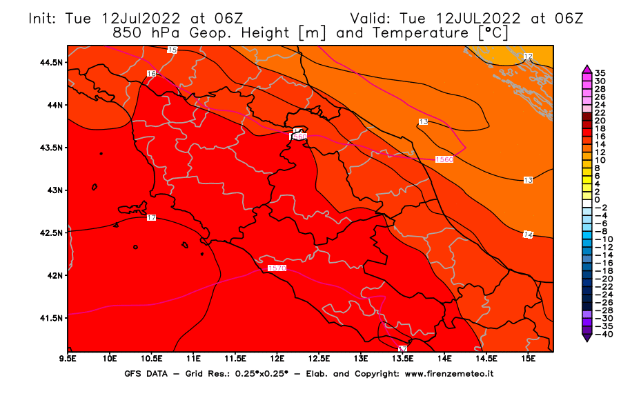 GFS analysi map - Geopotential [m] and Temperature [°C] at 850 hPa in Central Italy
									on 12/07/2022 06 <!--googleoff: index-->UTC<!--googleon: index-->