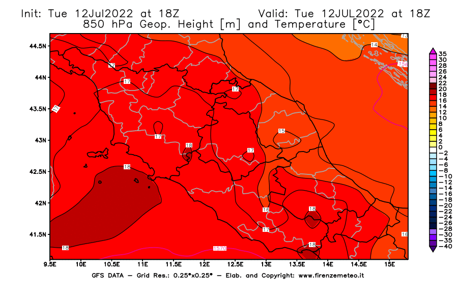 GFS analysi map - Geopotential [m] and Temperature [°C] at 850 hPa in Central Italy
									on 12/07/2022 18 <!--googleoff: index-->UTC<!--googleon: index-->