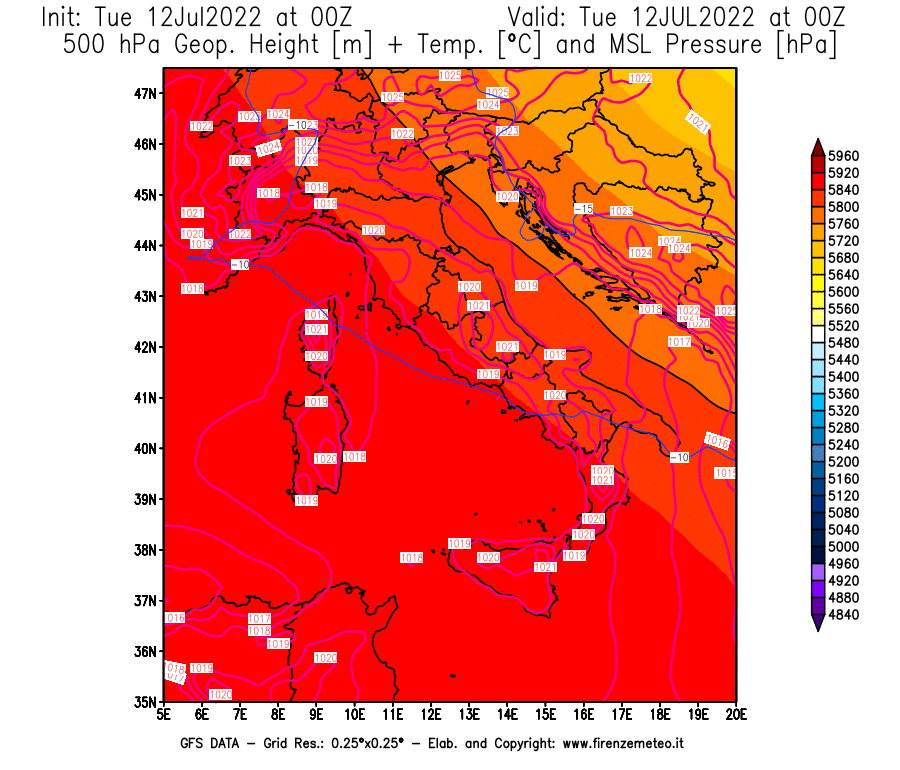 GFS analysi map - Geopotential [m] + Temp. [°C] at 500 hPa + Sea Level Pressure [hPa] in Italy
									on 12/07/2022 00 <!--googleoff: index-->UTC<!--googleon: index-->