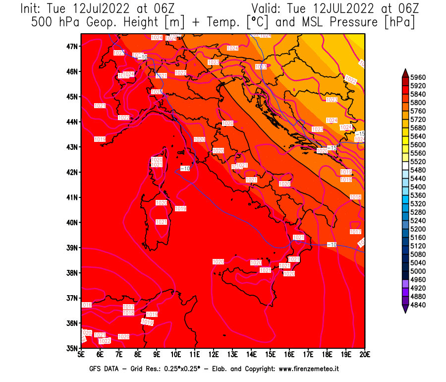 GFS analysi map - Geopotential [m] + Temp. [°C] at 500 hPa + Sea Level Pressure [hPa] in Italy
									on 12/07/2022 06 <!--googleoff: index-->UTC<!--googleon: index-->