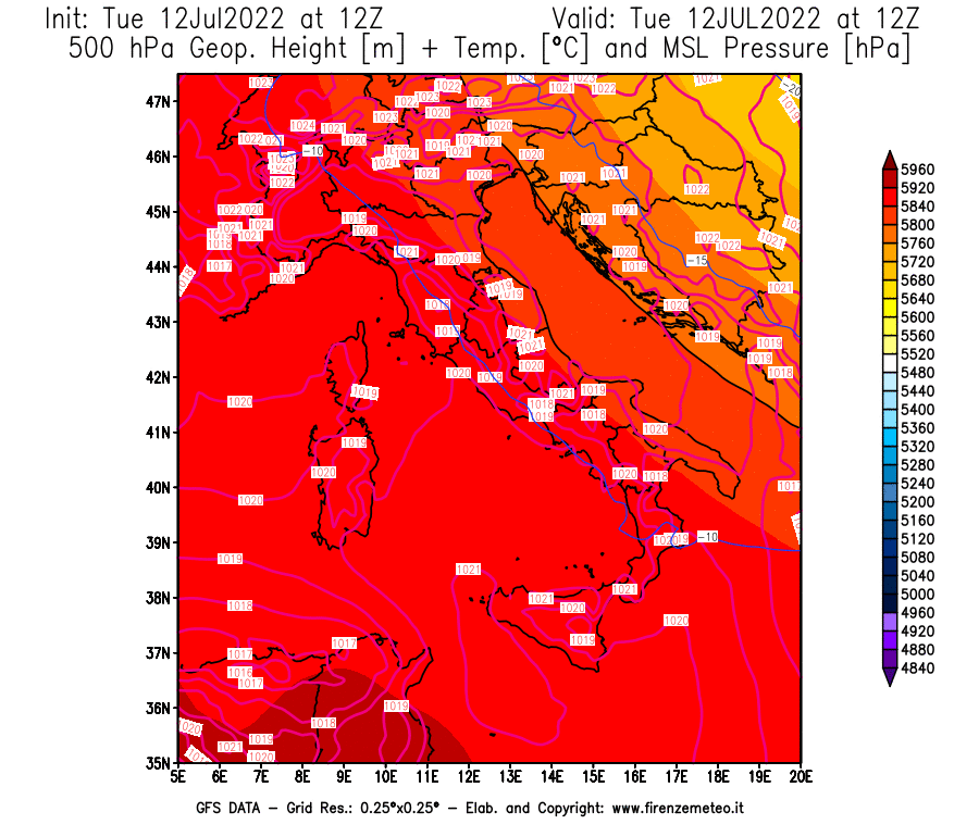 GFS analysi map - Geopotential [m] + Temp. [°C] at 500 hPa + Sea Level Pressure [hPa] in Italy
									on 12/07/2022 12 <!--googleoff: index-->UTC<!--googleon: index-->