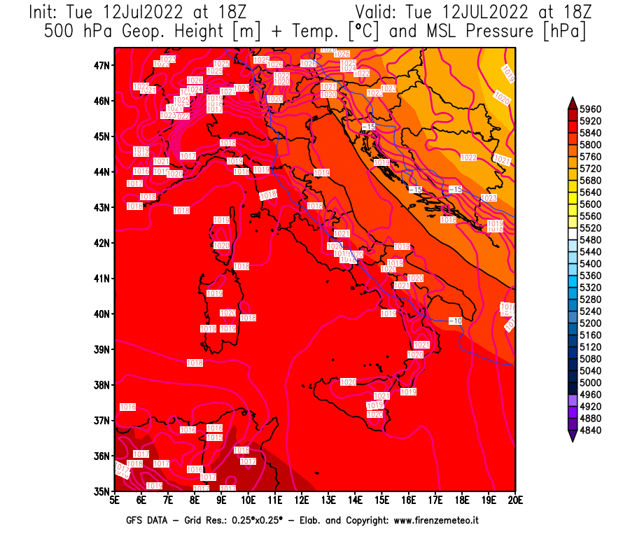 GFS analysi map - Geopotential [m] + Temp. [°C] at 500 hPa + Sea Level Pressure [hPa] in Italy
									on 12/07/2022 18 <!--googleoff: index-->UTC<!--googleon: index-->