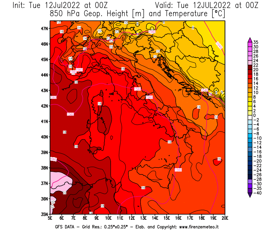 GFS analysi map - Geopotential [m] and Temperature [°C] at 850 hPa in Italy
									on 12/07/2022 00 <!--googleoff: index-->UTC<!--googleon: index-->