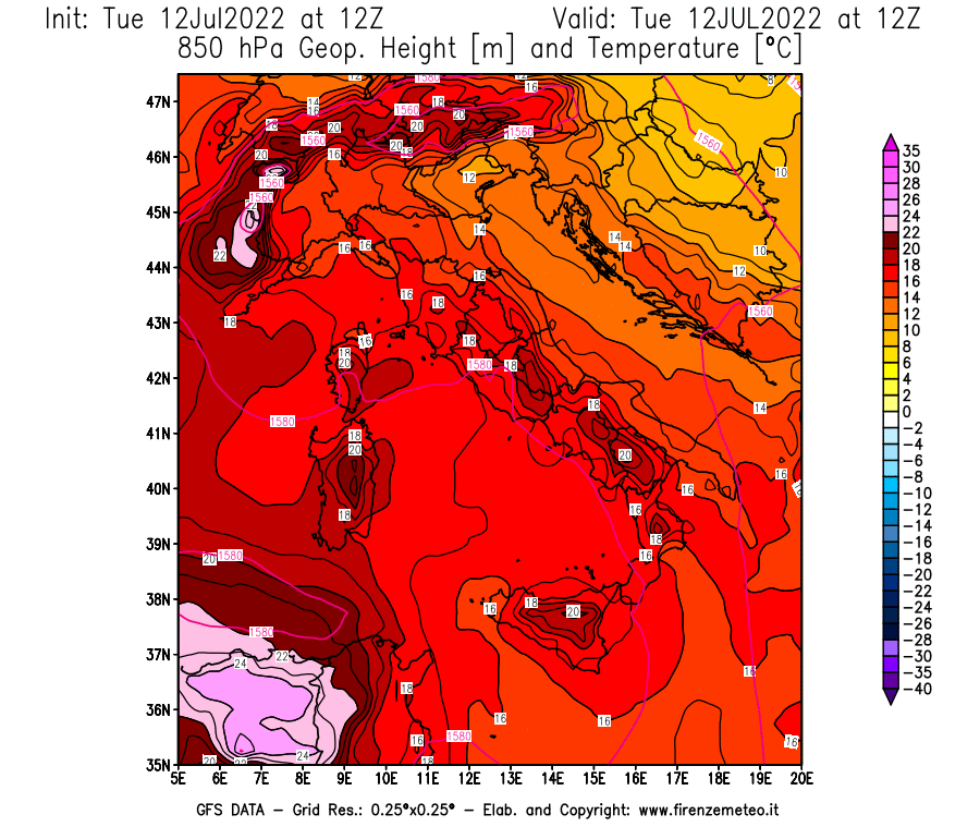 GFS analysi map - Geopotential [m] and Temperature [°C] at 850 hPa in Italy
									on 12/07/2022 12 <!--googleoff: index-->UTC<!--googleon: index-->