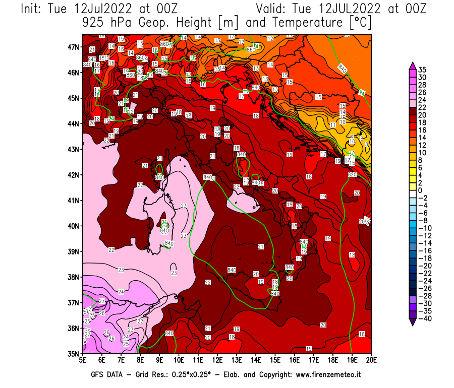 GFS analysi map - Geopotential [m] and Temperature [°C] at 925 hPa in Italy
									on 12/07/2022 00 <!--googleoff: index-->UTC<!--googleon: index-->