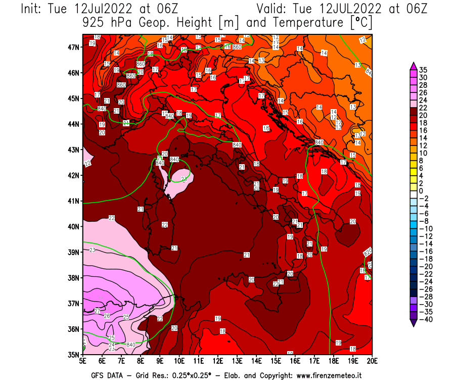 GFS analysi map - Geopotential [m] and Temperature [°C] at 925 hPa in Italy
									on 12/07/2022 06 <!--googleoff: index-->UTC<!--googleon: index-->