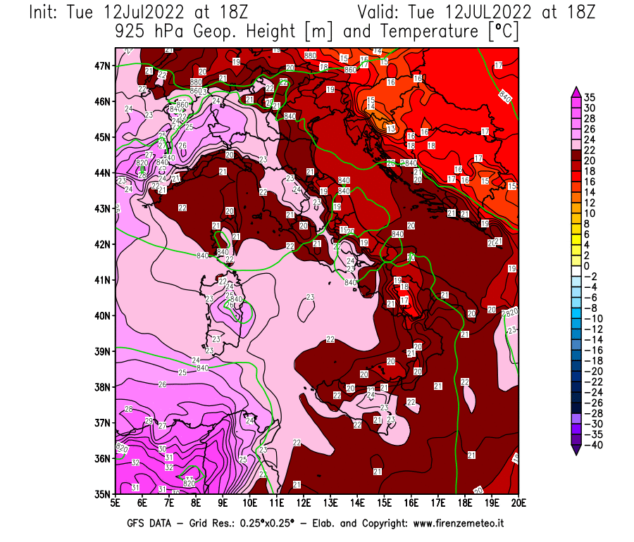 GFS analysi map - Geopotential [m] and Temperature [°C] at 925 hPa in Italy
									on 12/07/2022 18 <!--googleoff: index-->UTC<!--googleon: index-->