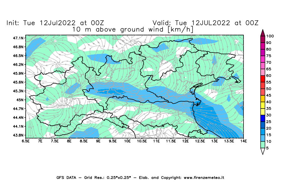 GFS analysi map - Wind Speed at 10 m above ground [km/h] in Northern Italy
									on 12/07/2022 00 <!--googleoff: index-->UTC<!--googleon: index-->