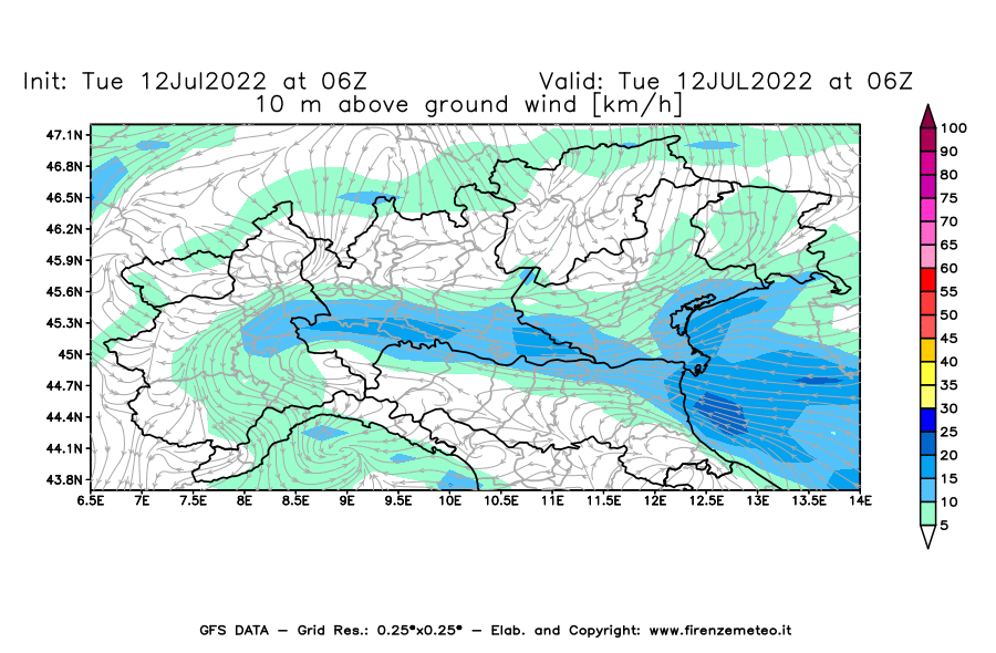 GFS analysi map - Wind Speed at 10 m above ground [km/h] in Northern Italy
									on 12/07/2022 06 <!--googleoff: index-->UTC<!--googleon: index-->