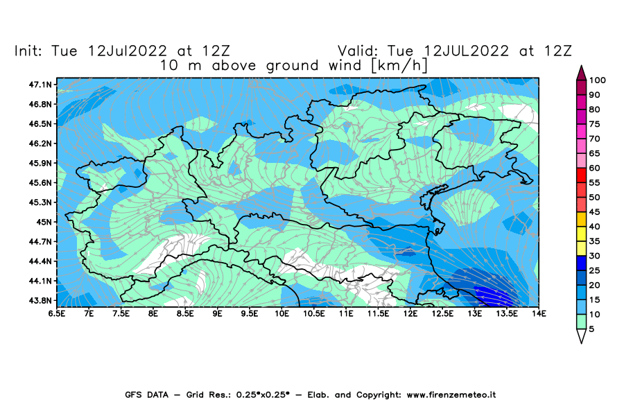GFS analysi map - Wind Speed at 10 m above ground [km/h] in Northern Italy
									on 12/07/2022 12 <!--googleoff: index-->UTC<!--googleon: index-->