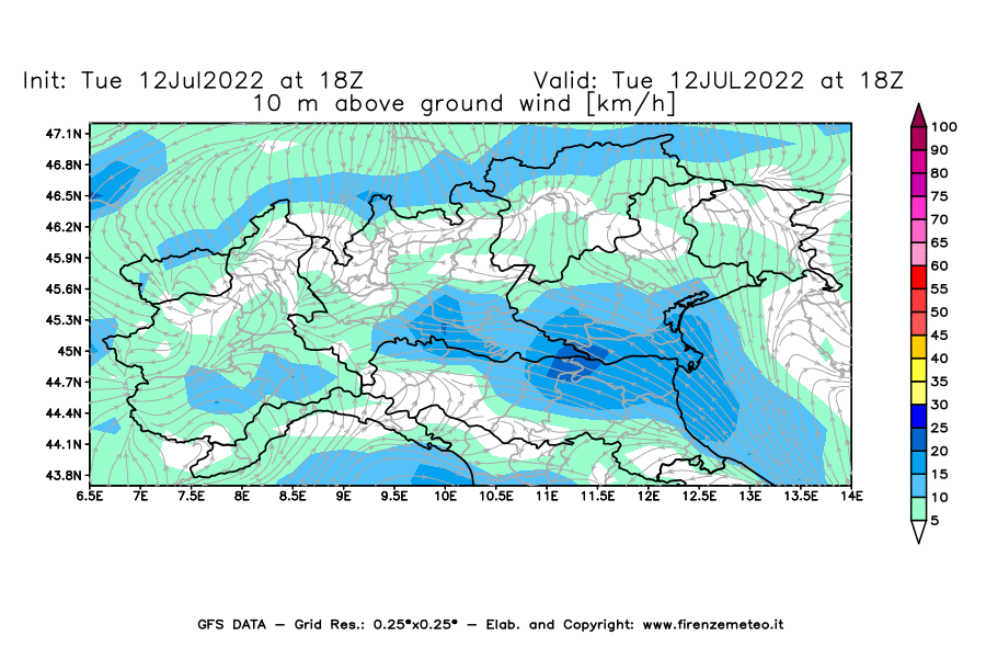 GFS analysi map - Wind Speed at 10 m above ground [km/h] in Northern Italy
									on 12/07/2022 18 <!--googleoff: index-->UTC<!--googleon: index-->