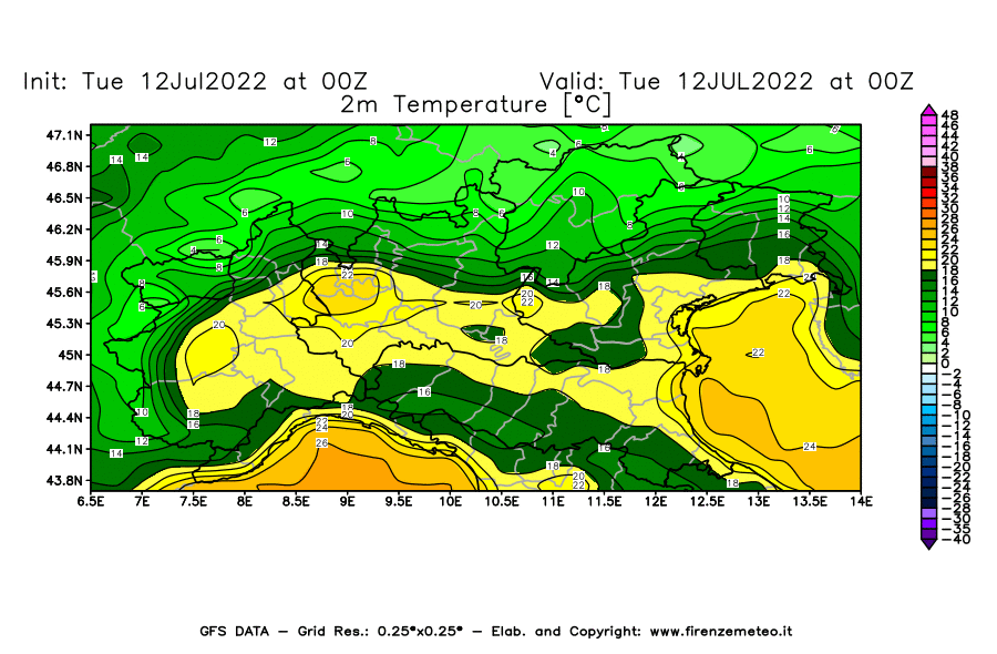 GFS analysi map - Temperature at 2 m above ground [°C] in Northern Italy
									on 12/07/2022 00 <!--googleoff: index-->UTC<!--googleon: index-->