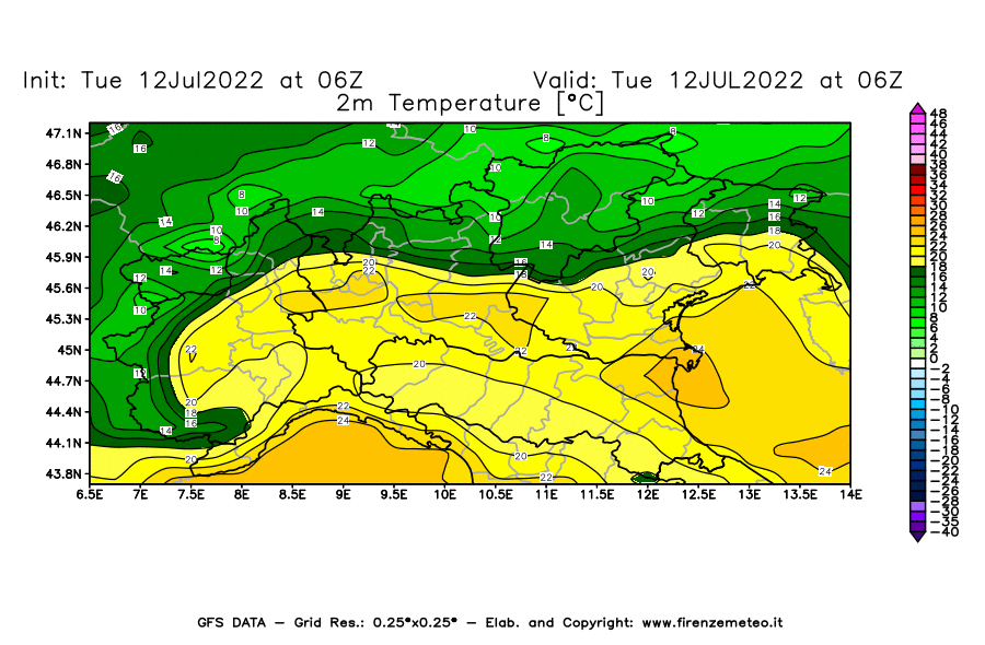 GFS analysi map - Temperature at 2 m above ground [°C] in Northern Italy
									on 12/07/2022 06 <!--googleoff: index-->UTC<!--googleon: index-->