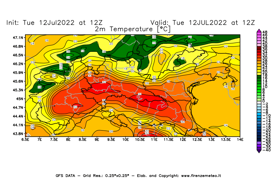GFS analysi map - Temperature at 2 m above ground [°C] in Northern Italy
									on 12/07/2022 12 <!--googleoff: index-->UTC<!--googleon: index-->