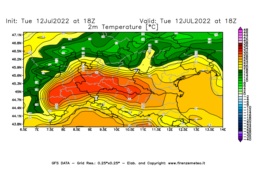 GFS analysi map - Temperature at 2 m above ground [°C] in Northern Italy
									on 12/07/2022 18 <!--googleoff: index-->UTC<!--googleon: index-->