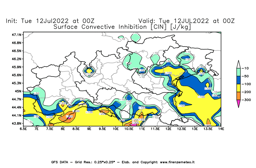 GFS analysi map - CIN [J/kg] in Northern Italy
									on 12/07/2022 00 <!--googleoff: index-->UTC<!--googleon: index-->