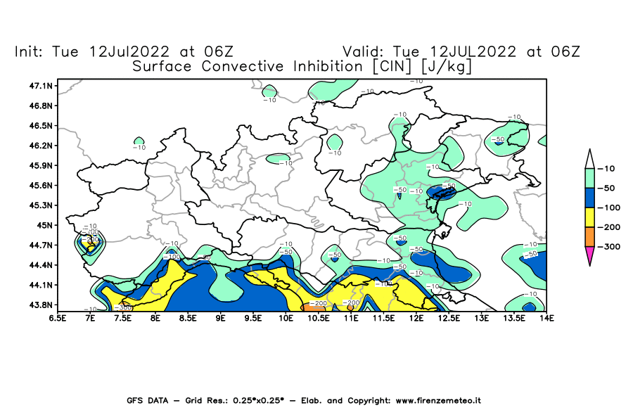 GFS analysi map - CIN [J/kg] in Northern Italy
									on 12/07/2022 06 <!--googleoff: index-->UTC<!--googleon: index-->