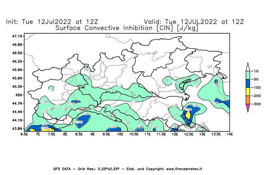 GFS analysi map - CIN [J/kg] in Northern Italy
									on 12/07/2022 12 <!--googleoff: index-->UTC<!--googleon: index-->