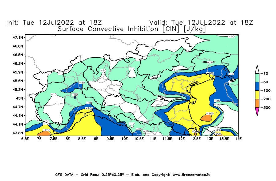 GFS analysi map - CIN [J/kg] in Northern Italy
									on 12/07/2022 18 <!--googleoff: index-->UTC<!--googleon: index-->
