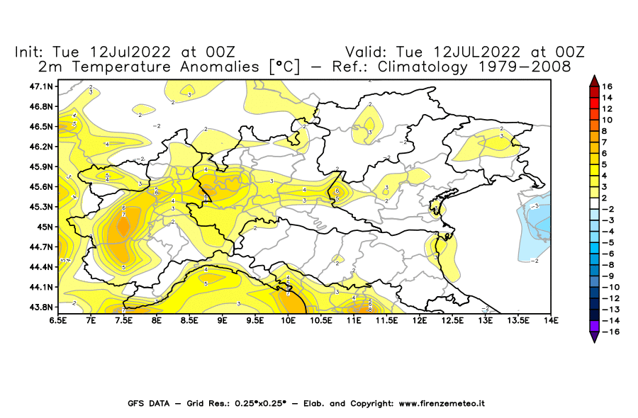 GFS analysi map - Temperature Anomalies [°C] at 2 m in Northern Italy
									on 12/07/2022 00 <!--googleoff: index-->UTC<!--googleon: index-->