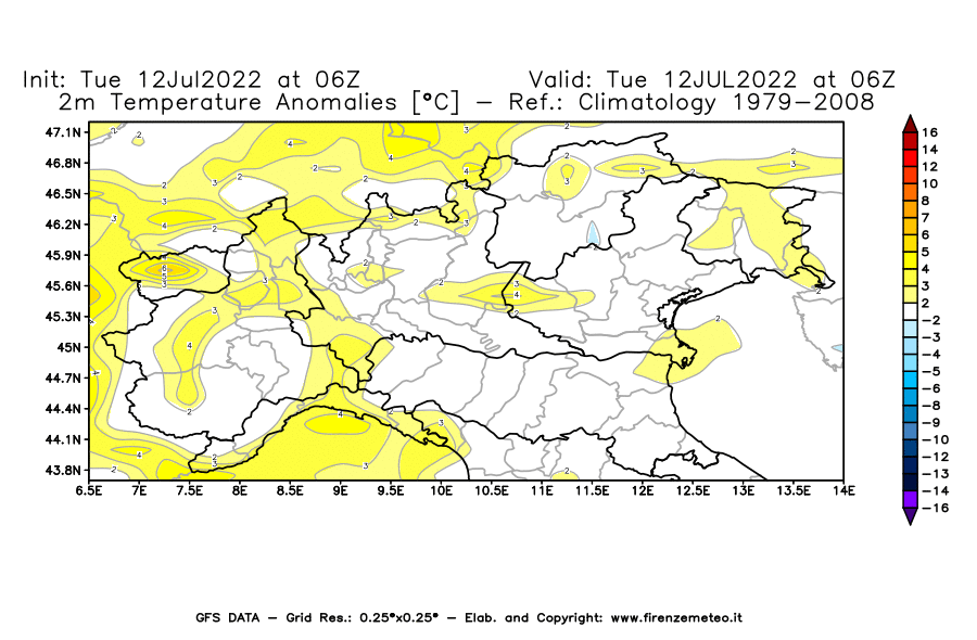 GFS analysi map - Temperature Anomalies [°C] at 2 m in Northern Italy
									on 12/07/2022 06 <!--googleoff: index-->UTC<!--googleon: index-->