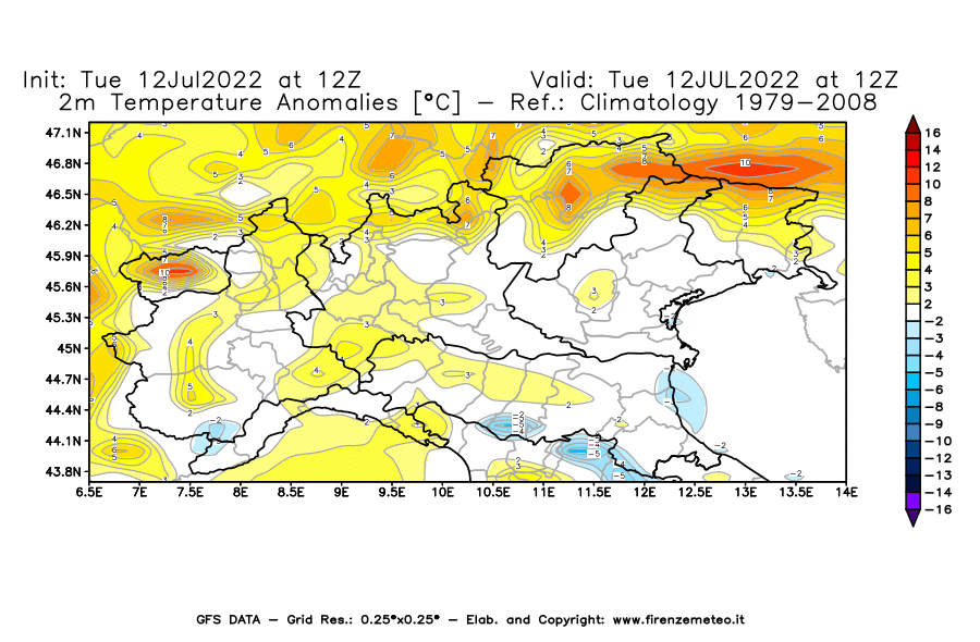 GFS analysi map - Temperature Anomalies [°C] at 2 m in Northern Italy
									on 12/07/2022 12 <!--googleoff: index-->UTC<!--googleon: index-->