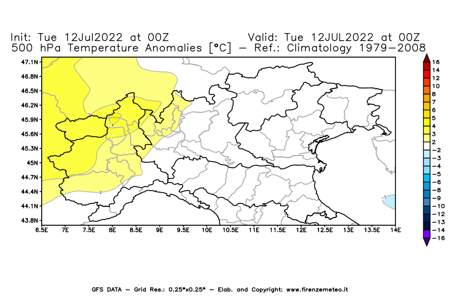 GFS analysi map - Temperature Anomalies [°C] at 500 hPa in Northern Italy
									on 12/07/2022 00 <!--googleoff: index-->UTC<!--googleon: index-->