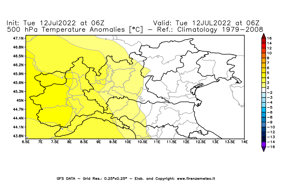GFS analysi map - Temperature Anomalies [°C] at 500 hPa in Northern Italy
									on 12/07/2022 06 <!--googleoff: index-->UTC<!--googleon: index-->
