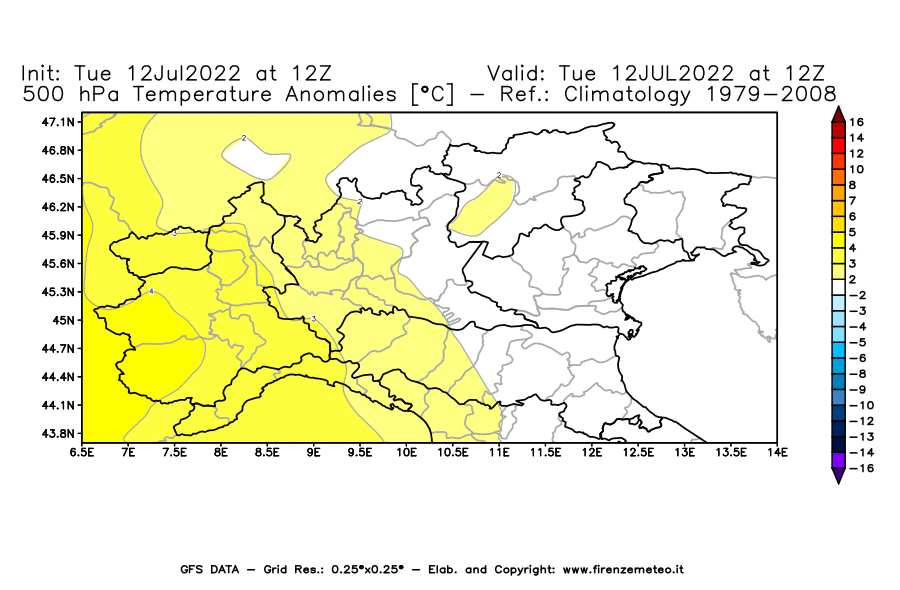 GFS analysi map - Temperature Anomalies [°C] at 500 hPa in Northern Italy
									on 12/07/2022 12 <!--googleoff: index-->UTC<!--googleon: index-->