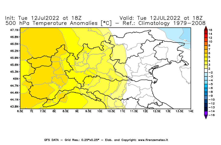 GFS analysi map - Temperature Anomalies [°C] at 500 hPa in Northern Italy
									on 12/07/2022 18 <!--googleoff: index-->UTC<!--googleon: index-->