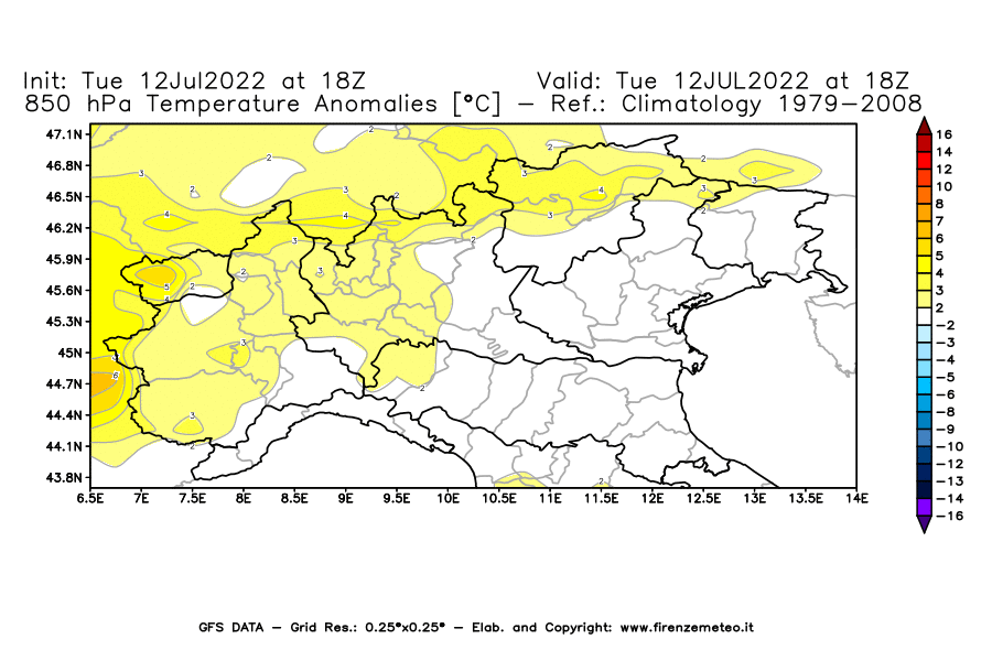 GFS analysi map - Temperature Anomalies [°C] at 850 hPa in Northern Italy
									on 12/07/2022 18 <!--googleoff: index-->UTC<!--googleon: index-->