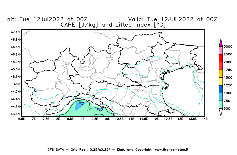 GFS analysi map - CAPE [J/kg] and Lifted Index [°C] in Northern Italy
									on 12/07/2022 00 <!--googleoff: index-->UTC<!--googleon: index-->